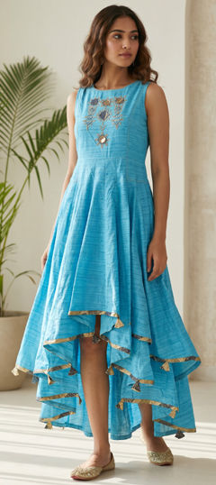 Blue color Dress in Cotton Flex fabric with Mirror, Sequence work