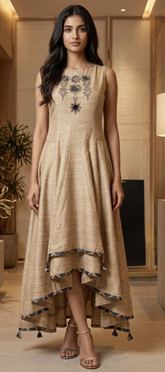 Beige and Brown color Dress in Cotton Flex fabric with Mirror work