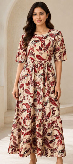 Red and Maroon color Dress in Rayon fabric with Printed work