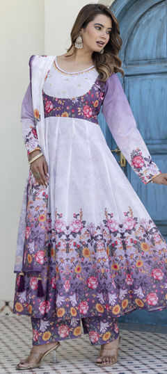 Purple and Violet, White and Off White color Salwar Kameez in Chanderi Silk fabric with Floral, Printed work