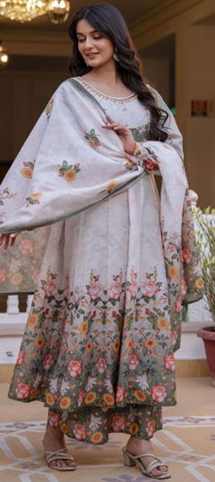Beige and Brown, White and Off White color Salwar Kameez in Chanderi Silk fabric with Floral, Printed work