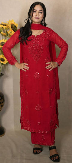 Red and Maroon color Salwar Kameez in Faux Georgette fabric with Embroidered, Sequence work