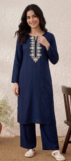 Blue color Salwar Kameez in Rayon fabric with Embroidered work
