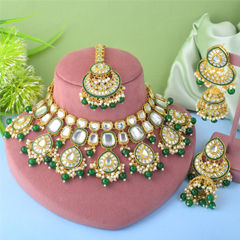 Gold Rodium Polish Green color Necklace in Metal Alloy studded with Austrian diamond