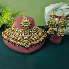 Gold Rodium Polish Green color Necklace in Metal Alloy studded with CZ Diamond