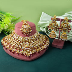 Gold Rodium Polish Red and Maroon color Necklace in Metal Alloy studded with CZ Diamond