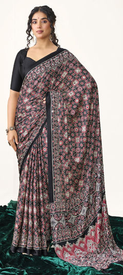 Black and Grey color Saree in Silk fabric with Mirror, Printed work