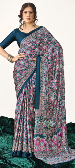 Blue color Saree in Silk fabric with Mirror, Printed work