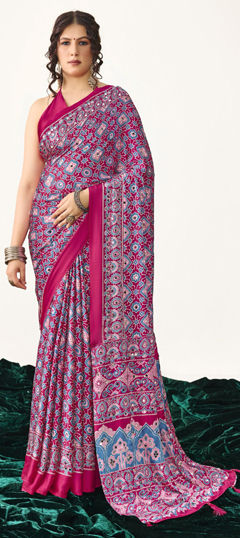 Pink and Majenta color Saree in Silk fabric with Mirror, Printed work