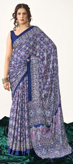 Blue color Saree in Silk fabric with Mirror, Printed work