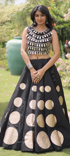 Black and Grey color Ready to Wear Lehenga in Roman Silk fabric with Gota Patti, Lace, Mirror work