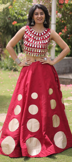 Red and Maroon color Ready to Wear Lehenga in Roman Silk fabric with Gota Patti, Lace, Mirror work