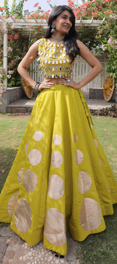 Green color Ready to Wear Lehenga in Roman Silk fabric with Gota Patti, Lace, Mirror work