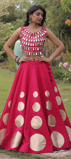Pink and Majenta color Ready to Wear Lehenga in Roman Silk fabric with Gota Patti, Lace, Mirror work