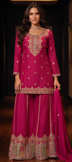 Pink and Majenta color Salwar Kameez in Chinon Silk fabric with Embroidered, Sequence work