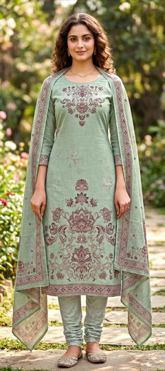 Green color Salwar Kameez in Cotton fabric with Digital Print, Floral work