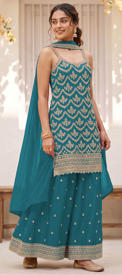 Blue color Salwar Kameez in Chinon Silk fabric with Embroidered, Sequence work