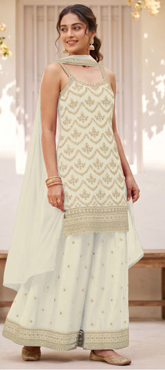 White and Off White color Salwar Kameez in Chinon Silk fabric with Embroidered, Sequence work