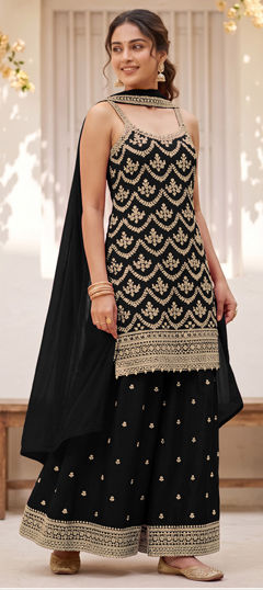 Black and Grey color Salwar Kameez in Chinon Silk fabric with Embroidered, Sequence work