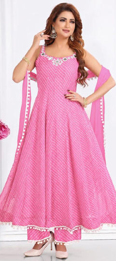 Pink and Majenta color Salwar Kameez in Georgette fabric with Lehariya, Mirror, Printed work