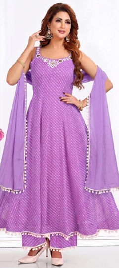 Purple and Violet color Salwar Kameez in Georgette fabric with Lehariya, Mirror, Printed work