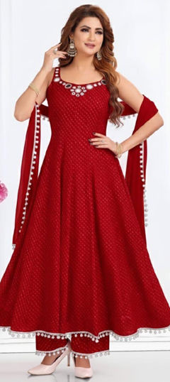 Red and Maroon color Salwar Kameez in Georgette fabric with Lehariya, Mirror, Printed work