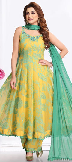Yellow color Salwar Kameez in Georgette fabric with Floral, Lace, Mirror, Printed work