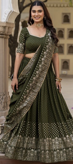 Beige and Brown color Lehenga in Silk fabric with Foil Print, Swarovski work