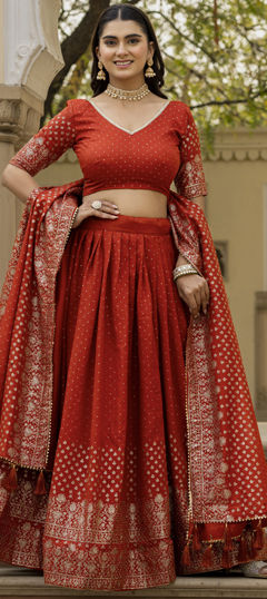Purple and Violet color Lehenga in Silk fabric with Foil Print, Swarovski work