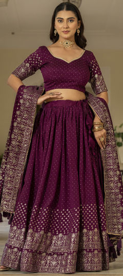 Purple and Violet color Lehenga in Silk fabric with Foil Print, Swarovski work
