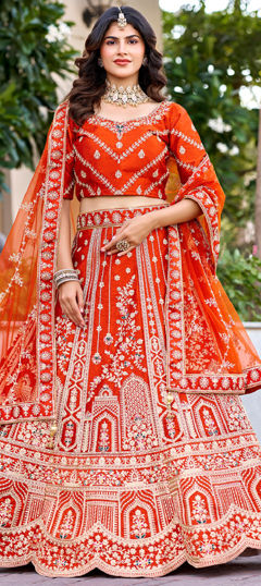 Beige and Brown color Lehenga in Silk fabric with Embroidered, Stone, Thread, Zari, Zircon work