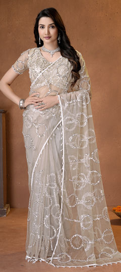 White and Off White color Saree in Net fabric with Bugle Beads, Sequence work