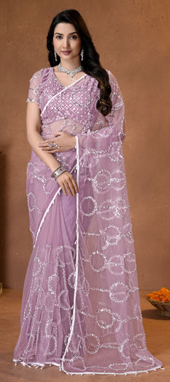 Pink and Majenta color Saree in Net fabric with Bugle Beads, Sequence work