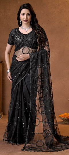 Black and Grey color Saree in Net fabric with Bugle Beads, Sequence work