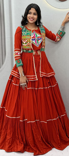 Orange color Long Lehenga Choli in Cotton fabric with Lace, Mirror work