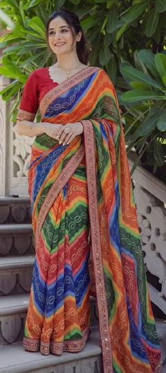 Multicolor color Saree in Georgette fabric with Bandhej, Digital Print, Embroidered work