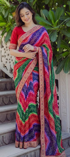 Multicolor color Saree in Georgette fabric with Bandhej, Digital Print, Embroidered work