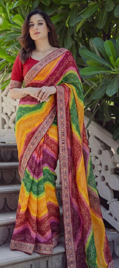 Multicolor color Saree in Georgette fabric with Bandhej, Digital Print, Embroidered work
