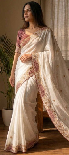 White and Off White color Saree in Crushed Silk fabric with Applique, Embroidered, Sequence, Thread work