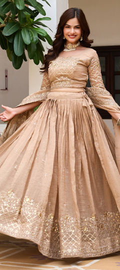 Beige and Brown color Ready to Wear Lehenga in Crushed Silk fabric with Embroidered, Sequence work