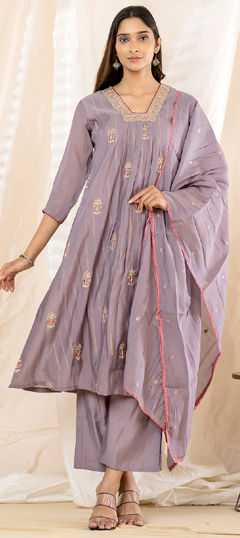 Purple and Violet color Salwar Kameez in Mul Chanderi fabric with Embroidered, Sequence work