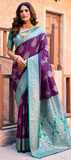 Purple and Violet color Saree in Blended fabric with Weaving work