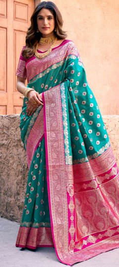 Blue color Saree in Blended fabric with Weaving work