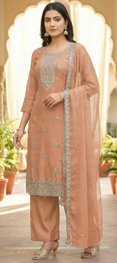 Pink and Majenta color Salwar Kameez in Crushed Silk fabric with Embroidered, Zircon work