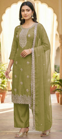 Green color Salwar Kameez in Crushed Silk fabric with Embroidered, Zircon work