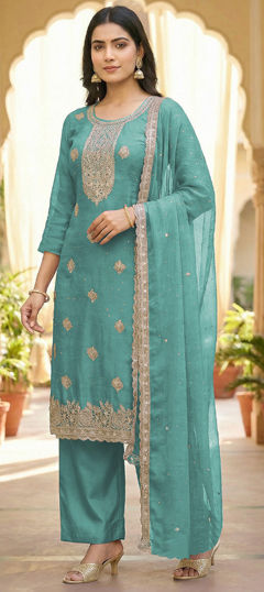 Blue color Salwar Kameez in Crushed Silk fabric with Embroidered, Zircon work