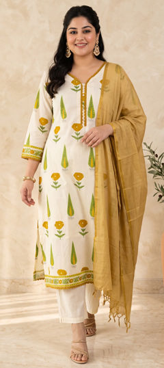 Beige and Brown, White and Off White color Salwar Kameez in Cotton fabric with Appliques, Lace, Printed, Sequence, Zari work