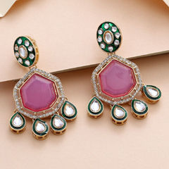 Gold Rodium Polish Pink and Majenta color Earrings in Metal Alloy studded with CZ Diamond