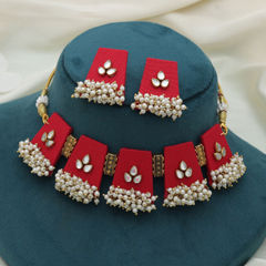 Gold Rodium Polish Red and Maroon color Necklace in Metal Alloy studded with Kundan, Pearl