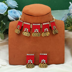 Gold Rodium Polish Red and Maroon color Necklace in Metal Alloy studded with Kundan, Pearl